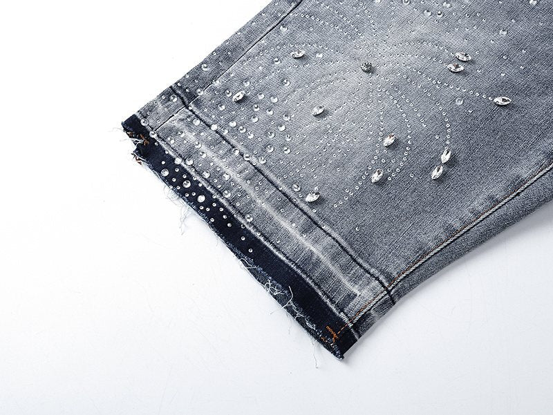 Purple Brand Rhinestone Light Wash Denim Shorts — detail